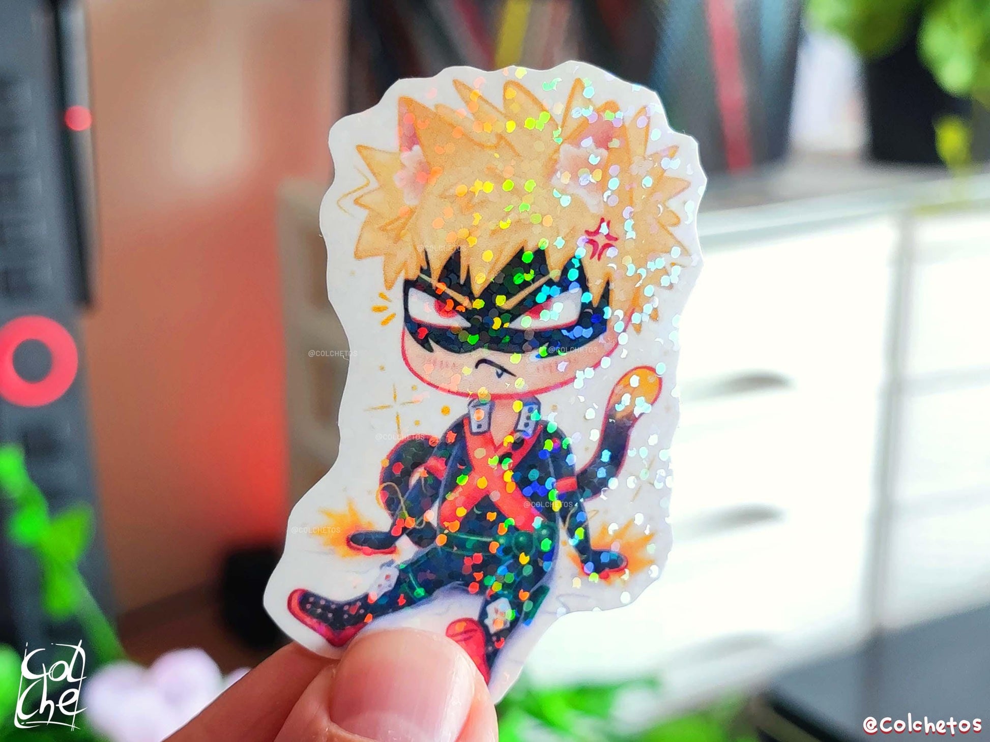 Bakugo Chibi Cat Sticker Premium Holo Dots - My Hero Academia MHA Katsuki Bakugo
