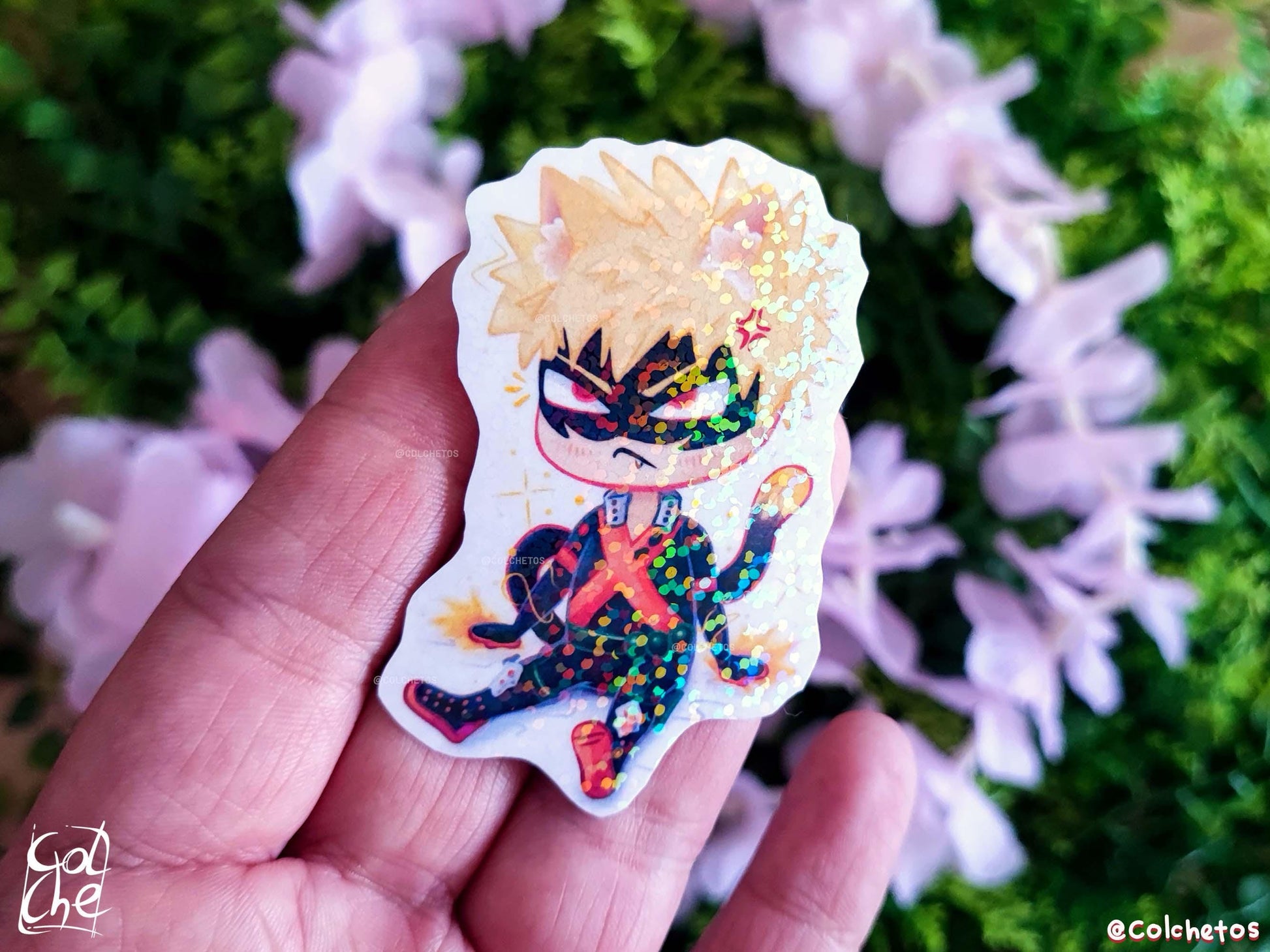 Bakugo Chibi Cat Sticker Premium Holo Dots - My Hero Academia MHA Katsuki Bakugo