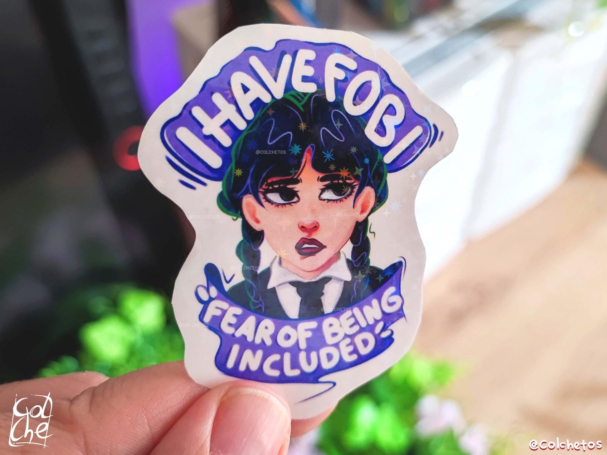 Wednesday Addams I Have FOBI "FOBI" Fear Of Being Included Meme - Addams Family - Wednesday Addams Premium Holo Stars Waterproof Sticker