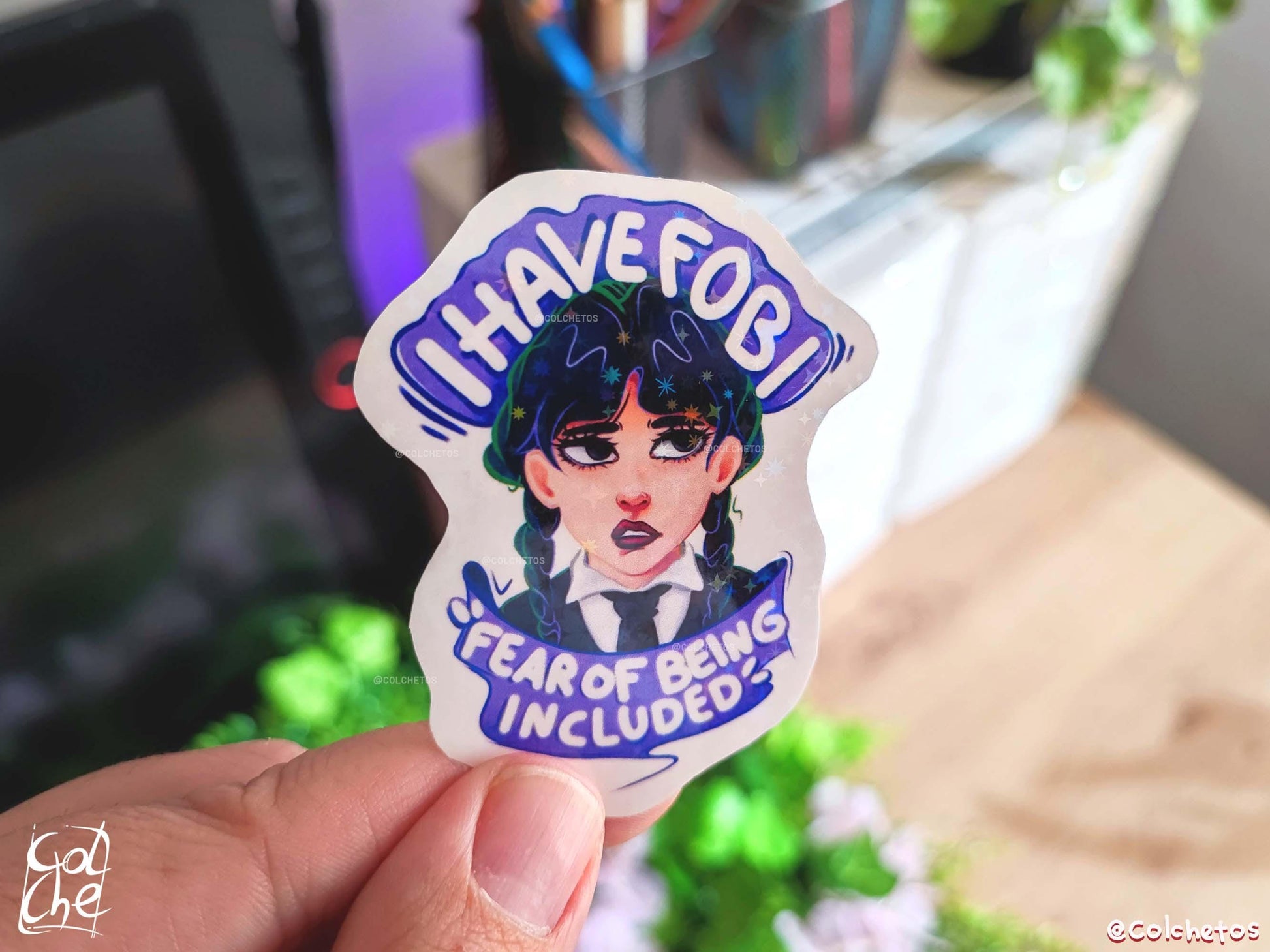 Wednesday Addams I Have FOBI "FOBI" Fear Of Being Included Meme - Addams Family - Wednesday Addams Premium Holo Stars Waterproof Sticker