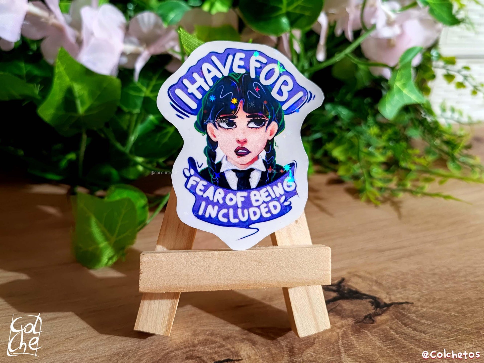 Wednesday Addams I Have FOBI "FOBI" Fear Of Being Included Meme - Addams Family - Wednesday Addams Premium Holo Stars Waterproof Sticker