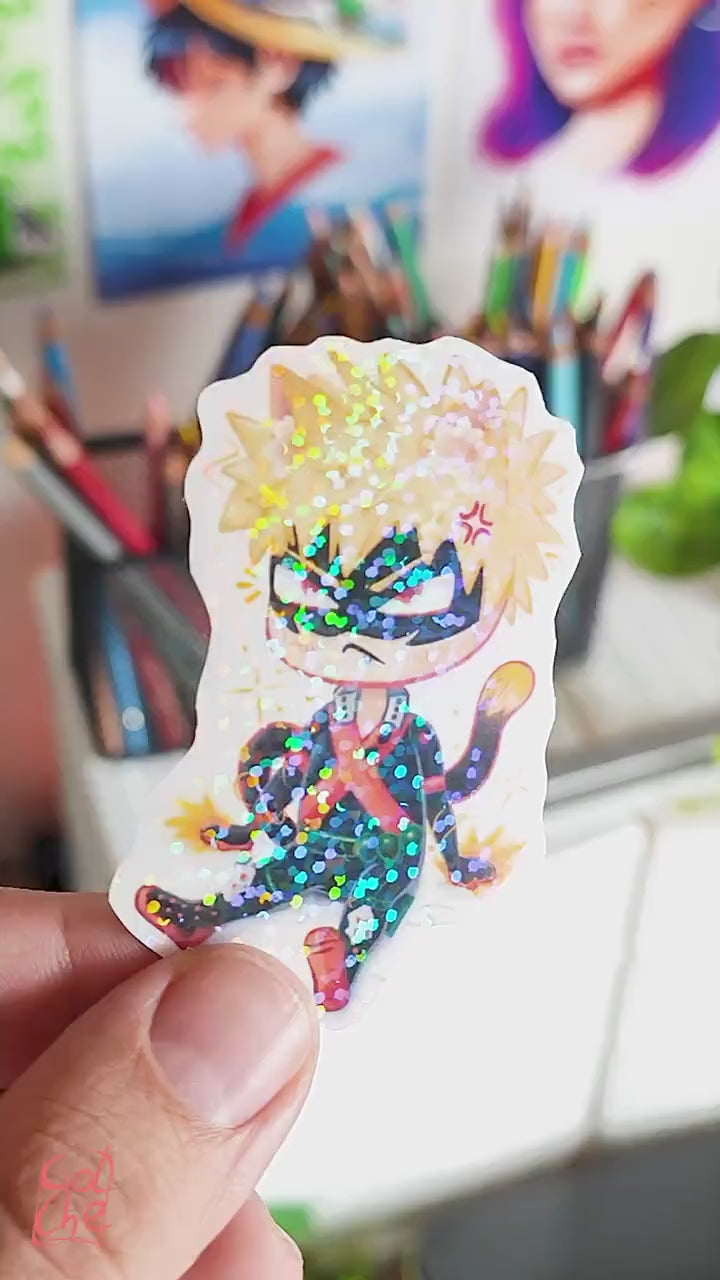 Bakugo Chibi Cat Sticker Premium Holo Dots - My Hero Academia MHA Katsuki Bakugo